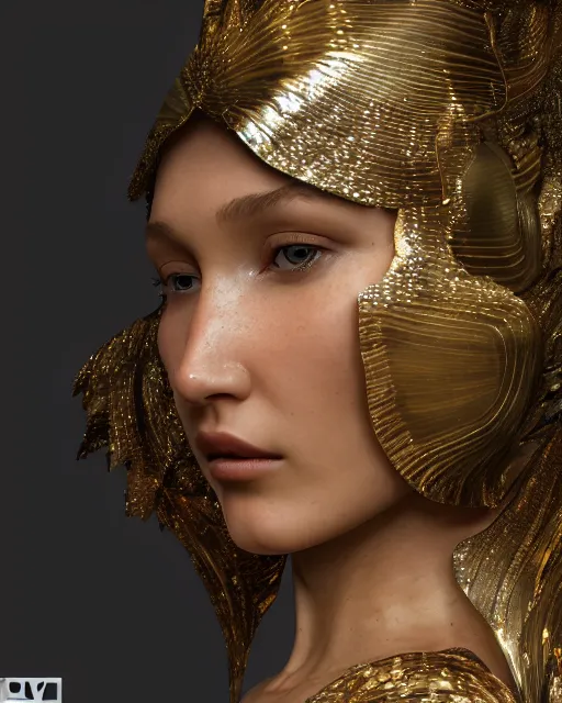 Image similar to a highly detailed metahuman 4 k close up render of bella hadid renaissance in iris van herpen dress schiaparelli in diamonds crystals swarovski and jewelry iridescent in style of alphonse mucha gustav klimt trending on artstation made in unreal engine 4