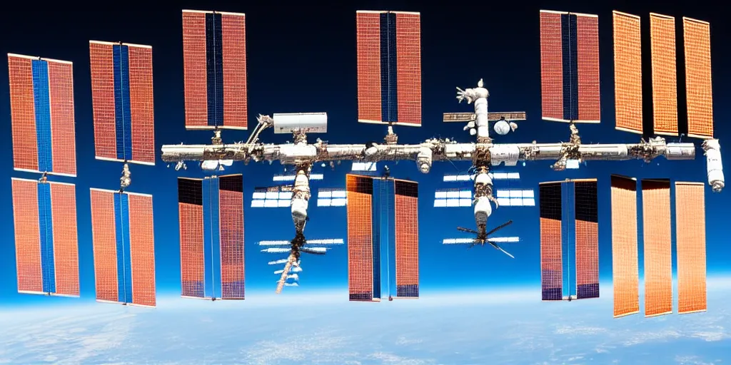 Image similar to a detailed sketch of the international space station, with the sun reflecting off of it's windows, various refining methods, micro macro autofocus, ultra definition, cinematic