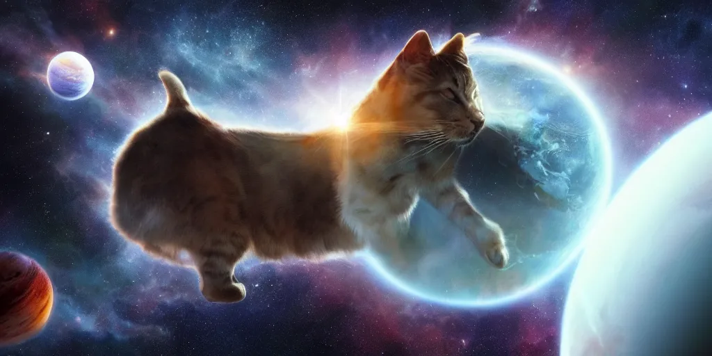 Prompt: a giant cat eating the earth planet, scifi, artstation, cosmos exploration, realistic photo, 4 k, photo by nasa, hubble telescope, cosmos