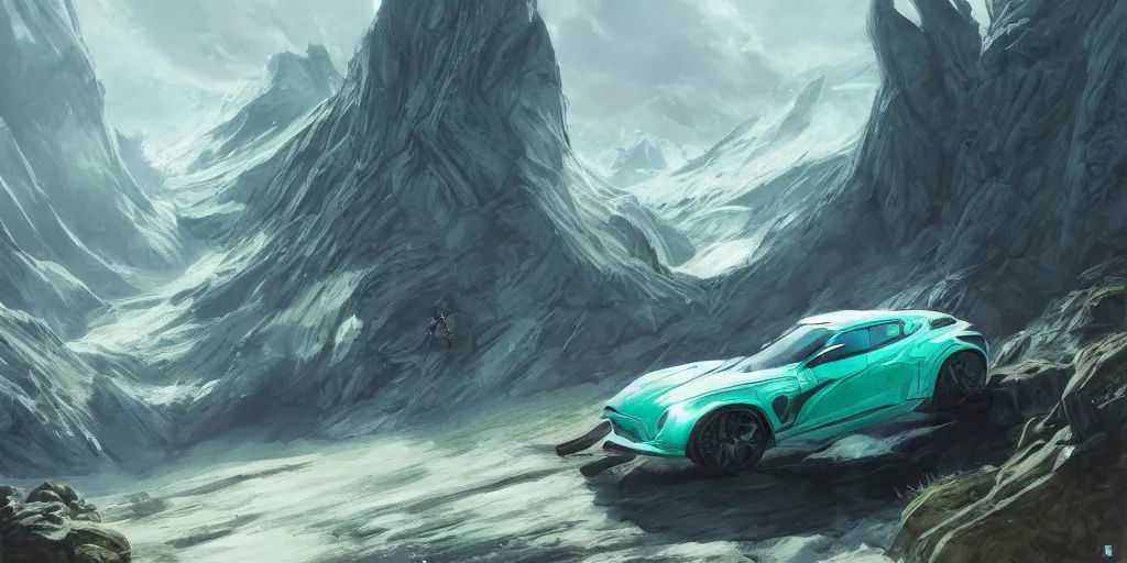 Image similar to wide angle, blue knight, green hatchback car, glacier landscape, norway, D&D, fantasy, intricate, elegant, highly detailed, digital painting, artstation, octane render, concept art, matte, sharp focus, illustration, hearthstone, art by Artgerm and Greg Rutkowski and Alphonse Mucha