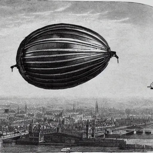 Image similar to a photograph of a steampunk dirigible floating above london in the 1 8 6 0