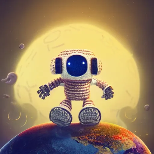 Image similar to cute robot crochet astronaut traveling alone on a yarn planet. shot from behind, cute, illustration, digital art, inspired by little big planet, by greg rutkowski, detailed, sharp, masterpiece, highly detailed, photorealistic, octane render, 8 k, unreal engine 5, trending on artstation, cinematic