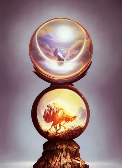 Image similar to crystal ball on a wood stand with a beautiful dreamscape inside, studio product photography, centered, super highly detailed, professional digital painting, artstation, concept art, smooth, sharp focus, extreme illustration, unreal engine 5, photorealism, beautiful, cinematic, art by artgerm and rutkowski and alphonse mucha and loish and wlop