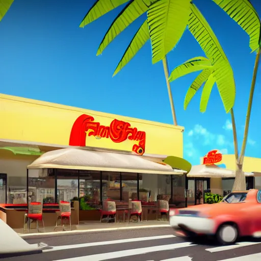 Image similar to fast food restaurant with palm trees, concept art, octane render