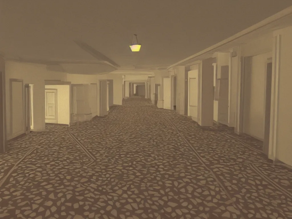 Image similar to The Shining Hotel corridor as a PS1 third person video game, low poly