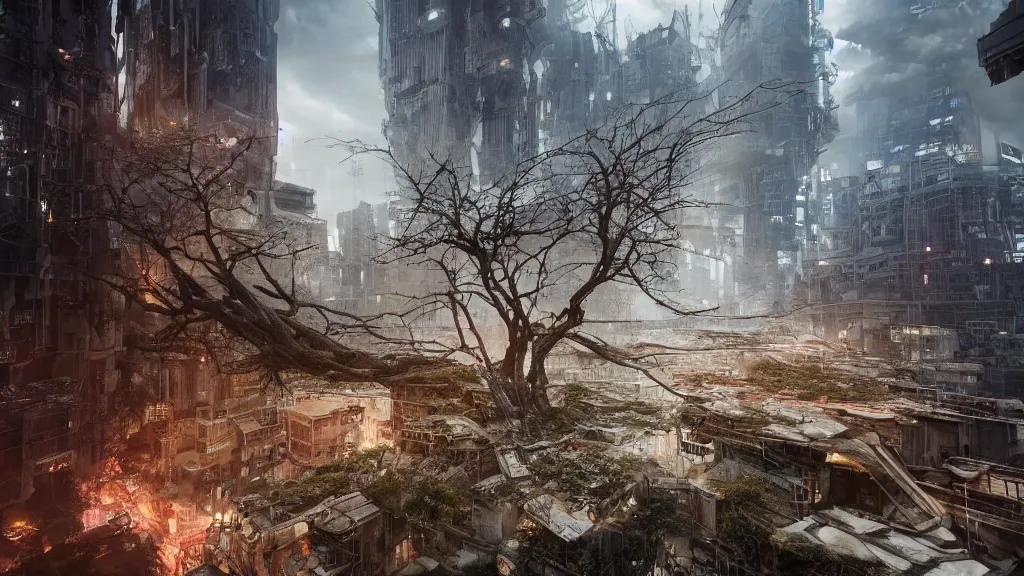 Prompt: a titanic tree destroying a dystopian city, cyberpunk, sharp focus, dynamic lights, still, photograph, hyper realistic, masterpiece, octane render, rendered, 3 d, cinematic, cinematic lighting, dramatic lighting, highly detailed, intricate details, texture, cinematic composition, wide shot, by donglu yu and kevin jick and eddie del rio