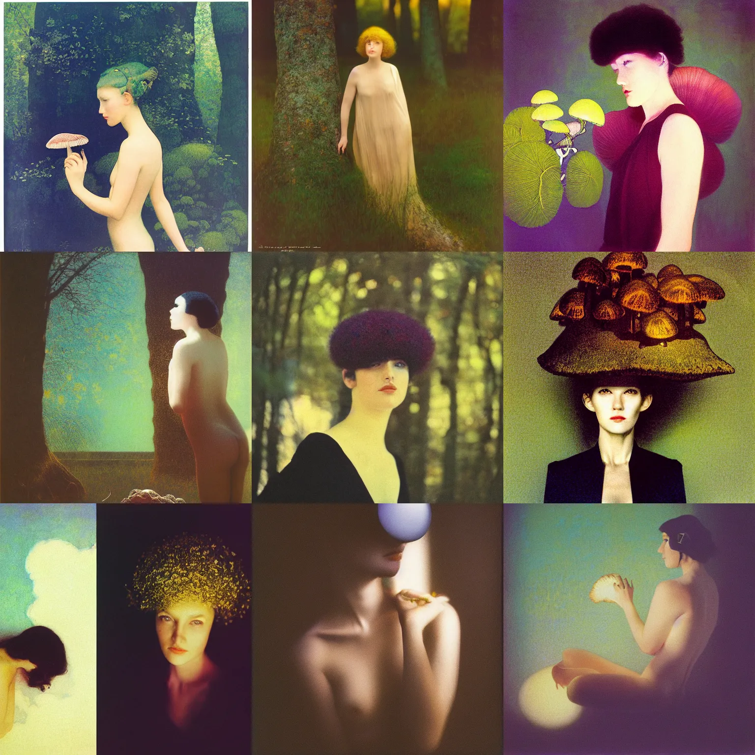 Prompt: kodak portra, 8 k, soft light, clean lines, fine art portrait photography, woman with blacklight oystermushrooms covering head, fashion photography, maxfield parrish, moebius, james jean, yoji shinkawa, odilon redon, gaston bussiere, eugene grasset, janis rozentals