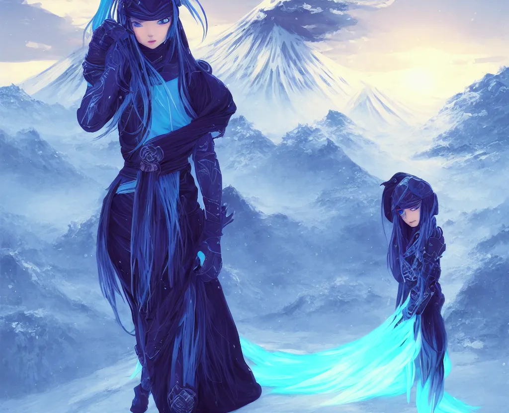 Image similar to portrait light cyan hair ninja gaiden girl, black plus little blue ninja wardrobe, at snowy fuji mountain sunrise, ssci - fi and fantasy, intricate and very very beautiful, detailed, digital painting, artstation, concept art, smooth and sharp focus, illustration, art by tian zi and wlop and alphonse mucha