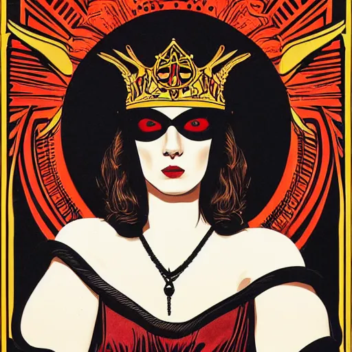 Prompt: Illustrated by Shepard Fairey and H.R. Geiger | a renaissance style portrait painting of raven winged female vampire with VR helmet , wearing a crown and cape, , surrounded by cables, dark background