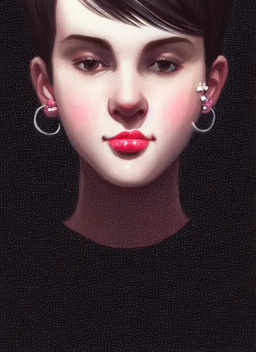 Image similar to portrait of white teenage girl, narrow face, short black hair, bangs, half updo hairstyle, buck toothed big smile, unattractive, defined jawline, long chin, wearing hair bow, earrings, intricate, elegant, glowing lights, highly detailed, digital painting, artstation, sharp focus, illustration, art by wlop, mars ravelo and greg rutkowski