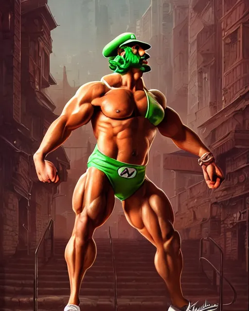 prompthunt: gigachad luigi bodybuilder fighting like saitama wearing a suit  in the mountain, fantasy character portrait, ultra realistic, anime key  visual, full body concept art like ernest khalimov, intricate details,  highly detailed