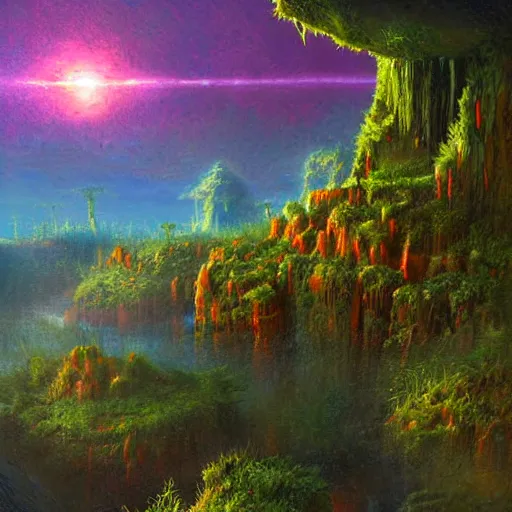 Image similar to digital art of a lush natural scene on an alien planet by paul lehr. extremely detailed. high quality render. beautiful landscape. weird vegetation. cliffs and water.