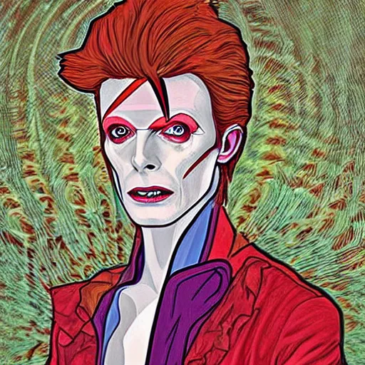 Image similar to david bowie as aladdin sane, mucha style,