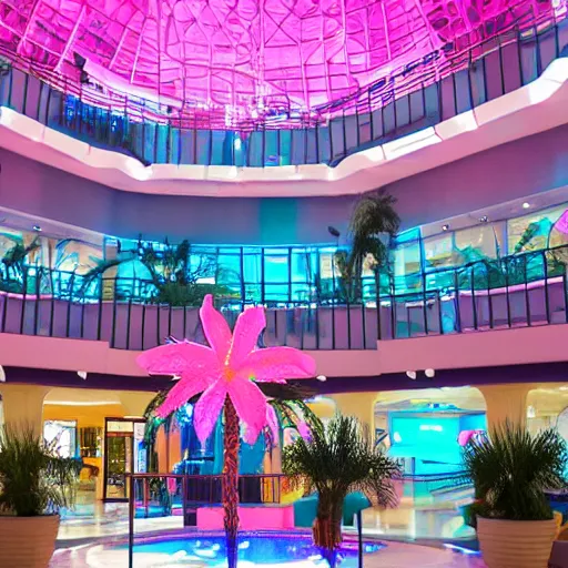 Image similar to an indoor mall with palm trees and pools, pink and blue lighting, everything floats in space