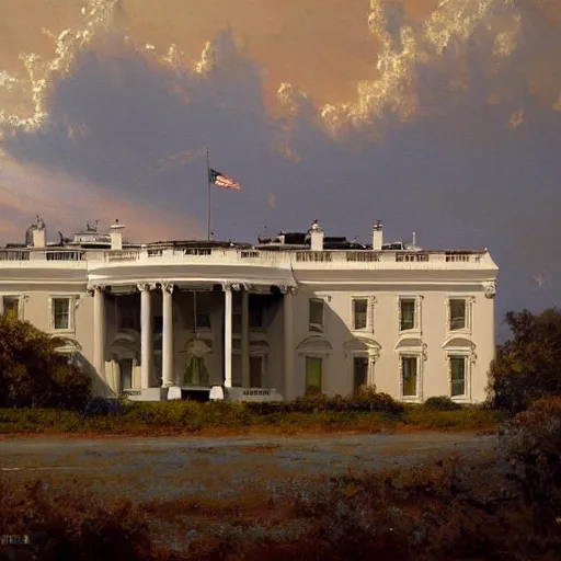 Image similar to detailed cinematic wide shot of the white house that is existing far in the future where humans evolved to be solarpunk, ultra realistic, spring light, painting by gaston bussiere, craig mullins, j. c. leyendecker