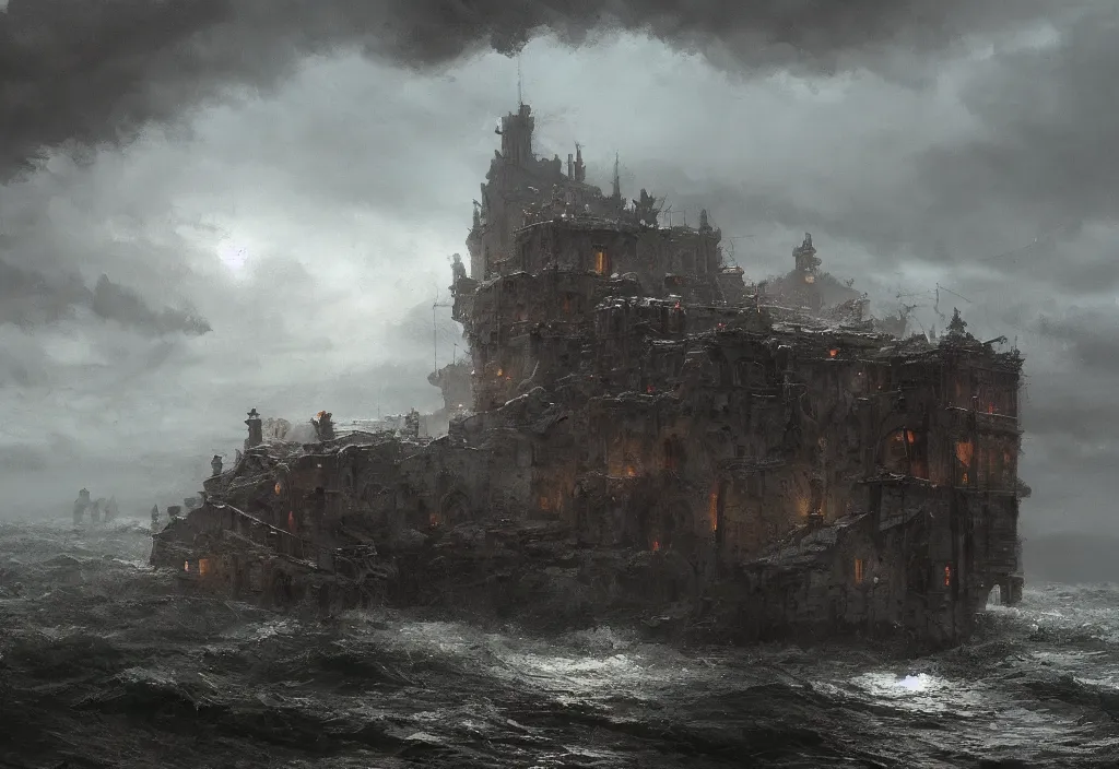 Image similar to a large stronghold plunging into the sea, artstation, jakub rozalski, high detail, dramatic lighting, night, rain