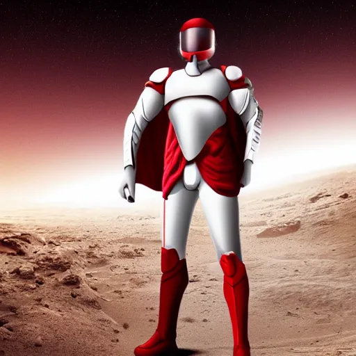 Image similar to tall muscular infantry man in glossy sleek white armor with a few red details and a long red cape, heroic posture, on the surface of mars, night time, dramatic lighting, cinematic, sci-fi, hyperrealistic, movie still