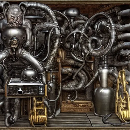 Image similar to Steam computer in ancient time surrounded by apes, highly detailed, highly realistic, artstation, by Hans Giger