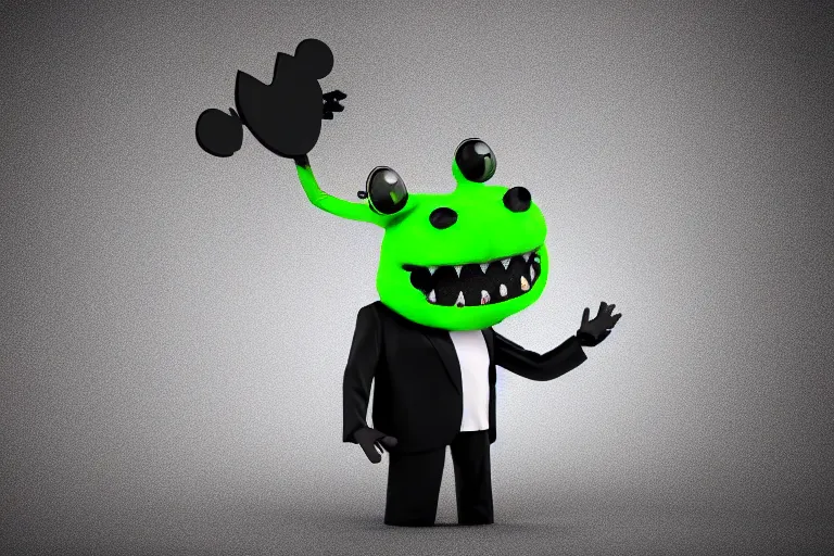 Image similar to a friendly monster in a deadmau 5 mask, wearing a suit. nvidia render, tim burton style, black background