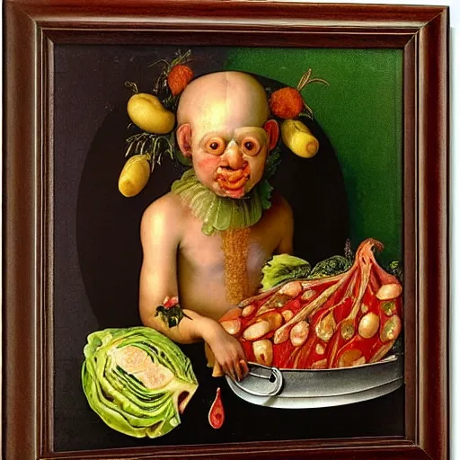 Image similar to a boy sitting in a tub full of ketchup, a lot of cabbage, dinner is served, by giuseppe arcimboldo and ambrosius benson, renaissance, fruit, intricate and intense oil paint, realistic