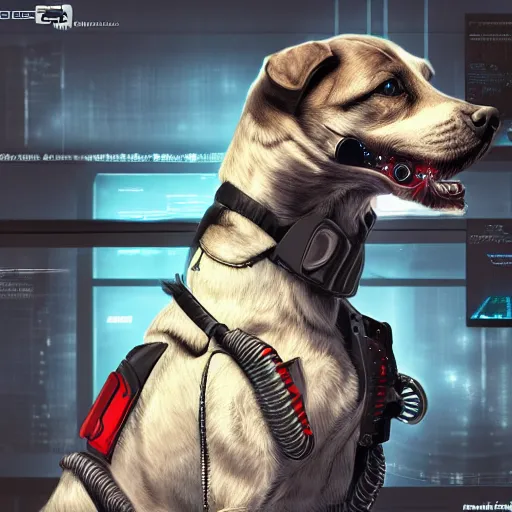 Image similar to Cyberpunk cyborg dog , digital art , highly detailed , high contrast, beautiful lighting, award winning , trending on art station, photorealistic, 8k