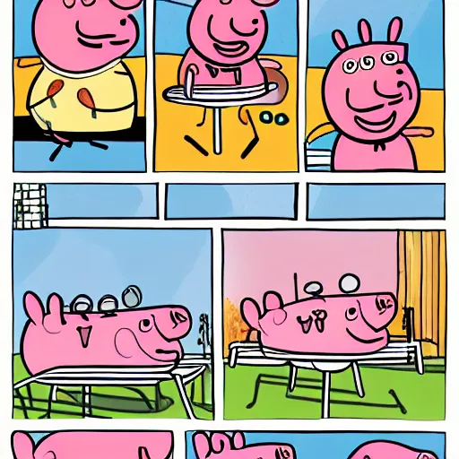 Prompt: roasted peppa pig on a barbecue, comic