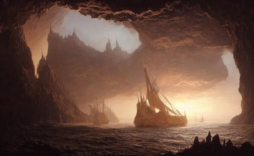 Prompt: A singular big galleon ship, three masts, front and center, in a cave. Underexposed, dark, centered. Atmospheric matte painting by Darek Zabrocki and Christophe Vacher