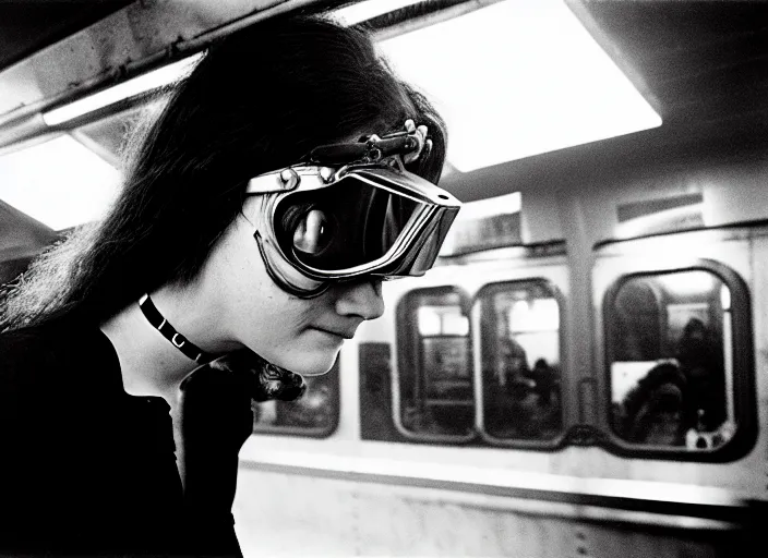 Image similar to close - up portrait of a young woman wearing a choker and welding goggles, in a subway, richard avedon, tri - x pan