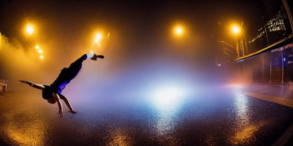 Image similar to fisheye lens trail effect of futuristic break dancer wearing floating very long dress, long exposure shot , at night in the middle of a rainy street with rim lights, paddle of water with steam and fog with water splashes, glossy reflections, water droplets on lens, tongue of fire, detailed and soft, fisheye lens, smooth, sharp focus