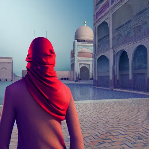 Image similar to a jinn lurking behind a muslim, digital art, realistic, unreal engine 4