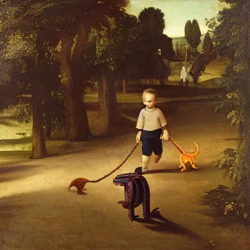 Image similar to a kid at the park walking a dinosaur with a leash, renaissance oil painting