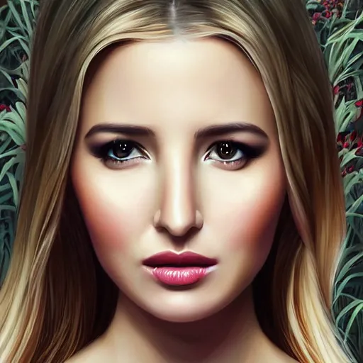 Image similar to a beautiful scenic painting of a beautiful young woman that looks like ivanka trump by artgerm and wlop and wes anderson and spike jonze