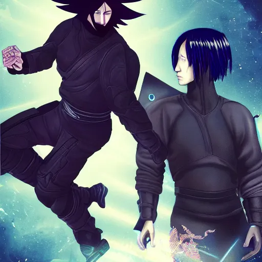 Prompt: Keanu Reeves space ninja with Sasuke by Giger and Kishimoto 8k artstation trending