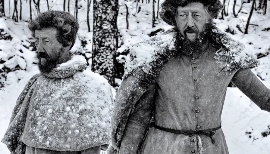 Image similar to 1 9 6 0 s movie still close up of marcus aurelius wearing legionnaire clothes frozen to death under the snow by the side of a river with gravel, pine forests, cinestill 8 0 0 t 3 5 mm, high quality, heavy grain, high detail, texture, dramatic light, anamorphic, hyperrealistic, detailed hair, bright sun