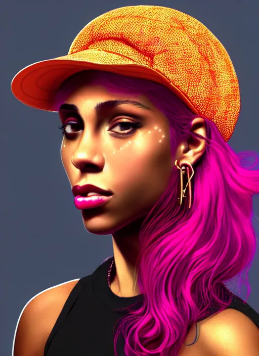 Image similar to portrait of teenage vanessa morgan with bright pink hair, black girl, vanessa morgan, curly pixie cut hair, wearing newsboy cap, newsboy cap, hoop earrings, intricate, elegant, glowing lights, highly detailed, digital painting, artstation, concept art, smooth, sharp focus, illustration, art by wlop, mars ravelo and greg rutkowski