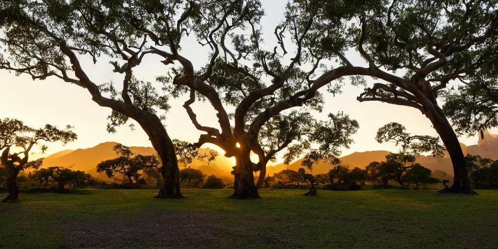 Image similar to ”landscape of big banyan trees and mountains in the background, golden hour, beautiful”