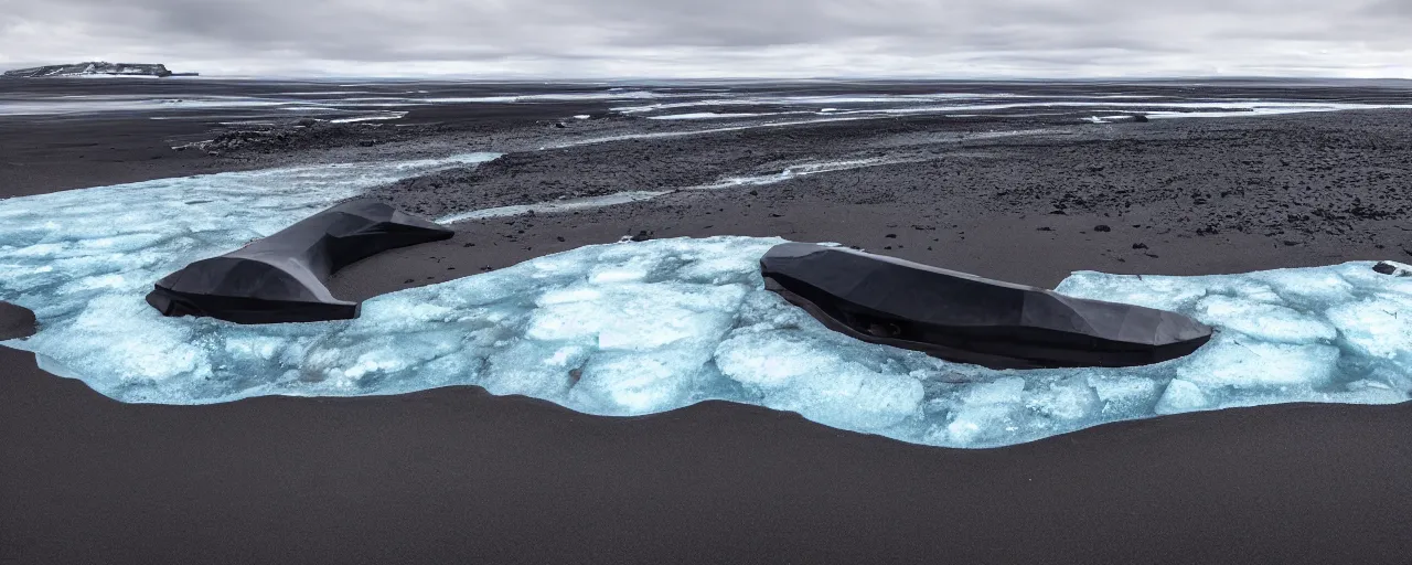 Image similar to cinematic shot of giant symmetrical futuristic military spacecraft in the middle of an endless black sand beach in iceland with icebergs in the distance,, 2 8 mm