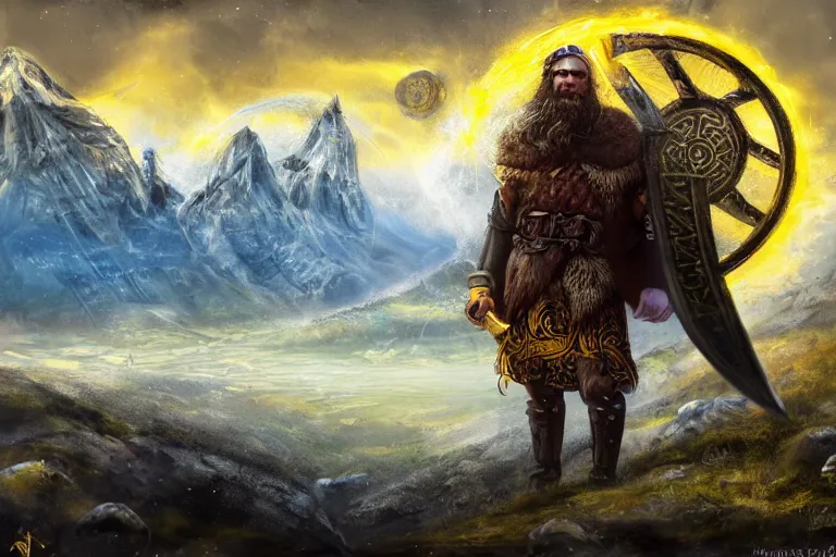 Prompt: mythological viking odin Shaman of artificial intelligence creating an artificial neural network with yellow synapses on an anvil, dark mystical mountains in the background, high resolution, award winning art, trending on art station, sharp image, incredibly detailed, detailed character realistic painting,