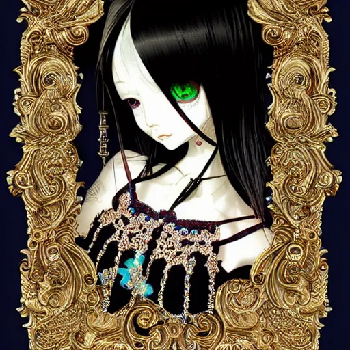 Image similar to baroque bedazzled gothic royalty frames surrounding a pixelsort emo demonic horrorcore japanese beautiful early computer graphics automaton doll, by guro manga artist Shintaro Kago