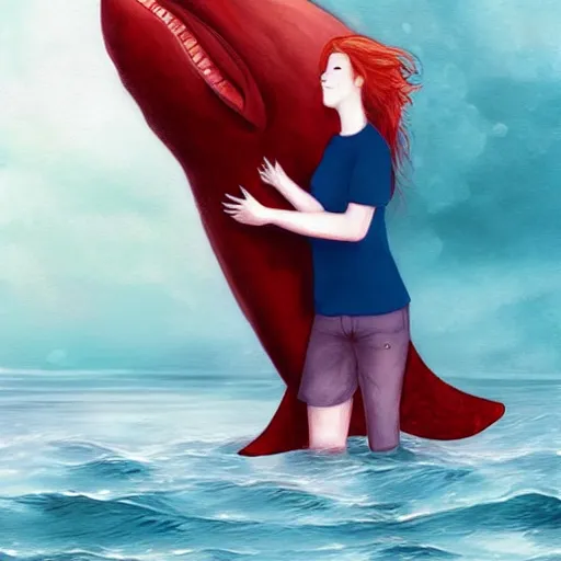 Prompt: a portrait of a red headed young woman hugging a whale in a scenic environment, digital art by Bowater Charlie