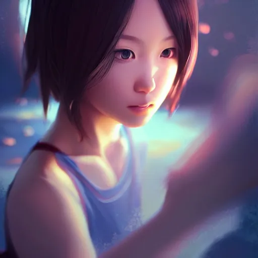 Prompt: very small little girl by ross tran, touching their reflection sana takeda, rtx reflections, very high intricate details, digital anime art by artgerm, medium shot, mid - shot, composition by ilya kuvshinov, lighting by greg rutkowski