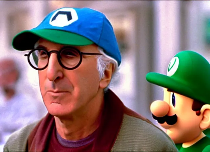 Prompt: film still of larry david wearing his glasses as luigi wearing his hat in super mario bros movie 1 9 9 3, 4 k