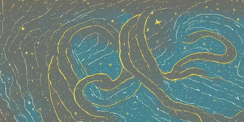 Image similar to an impossible rock formation that looks like a snake under the stars, 1940s faded risograph print, illustration, limited color palette, earthtones, double-exposure, astrophotography