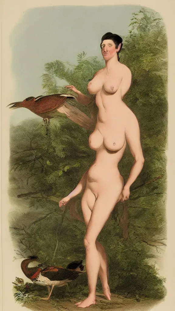 Image similar to an extremely buxom woman, illustration by john james audubon circa 1 8 3 8