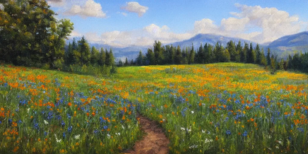 Image similar to a bright oil painting of a beautiful meadow; masterpiece; extremely-detailed; by Carravaggio