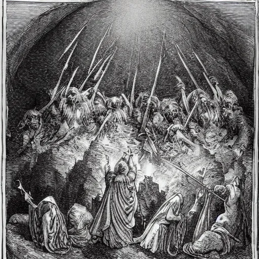 Image similar to lord of the rings, by gustave dore and albrecht durer