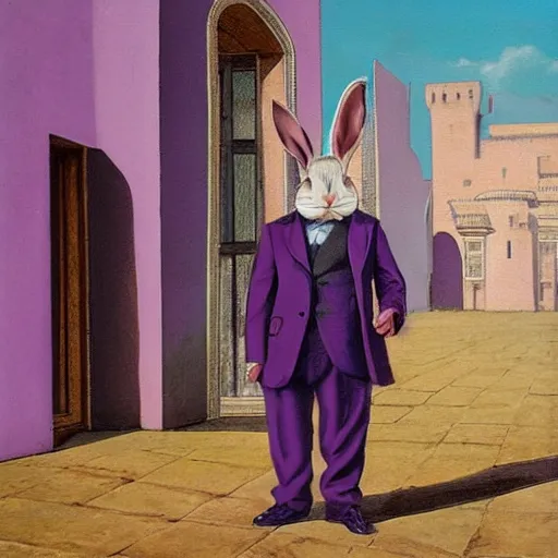 Prompt: a rabbit in a purple smoking jacket stands outside a palace, photorealism