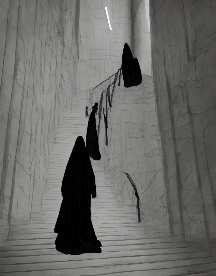 Prompt: a figure shrouded in a long trailing pitch black gown, descending a giant marble staircase in a dark room, photorealism, hyperrealism, harsh lighting, dramatic lighting, medium shot, serious, gloomy, foreboding, cinematic