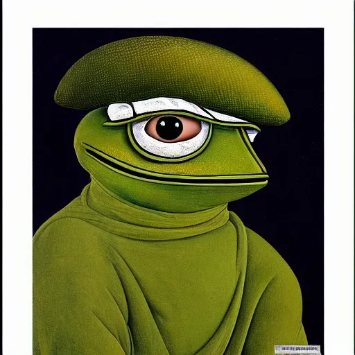 Image similar to pepe the frog as 1 8 th century prussian soldier, elegant portrait by sandro botticelli, detailed, symmetrical, intricate