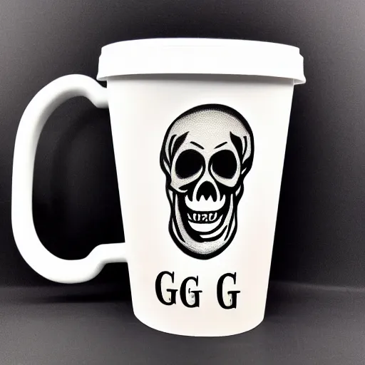 Image similar to a cup with a skeleton saying'gg ez '!!! on it,'gg ez '!!! text on the cup